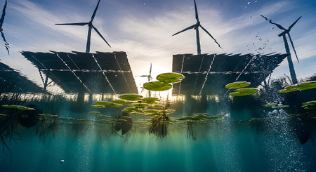 Solar panels and wind turbines in the ocean. Renewable energy conceptの素材
