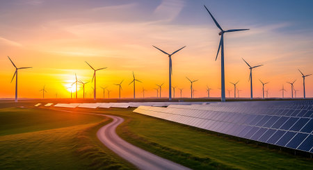 Solar panels and wind turbines at sunset, Alternative energy source, Panoramic viewの素材