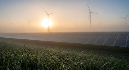 Solar panels and wind turbines in a foggy field at sunrise.の素材
