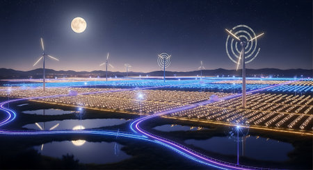 solar energy panels and wind turbines at night. 3d renderingの素材