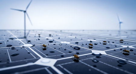 solar energy panels with wind turbines in the background. 3d renderingの素材