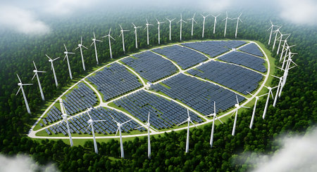 Solar panels and wind turbines in a green field. 3d renderingの素材