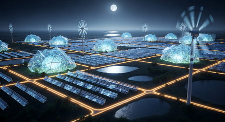 Solar panels and windmills on planet earth. 3D renderingの素材