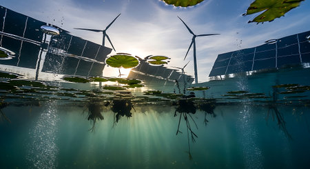Solar panels and wind turbines in the water. Alternative energy concept.の素材
