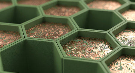 Abstract 3d rendering of hexagon box with circuit board. Technology background.の素材