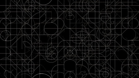 Abstract geometric pattern with thin lines and circles on a black background.の素材