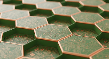 Abstract 3d rendering of hexagons with circuit board. Technology background.の素材