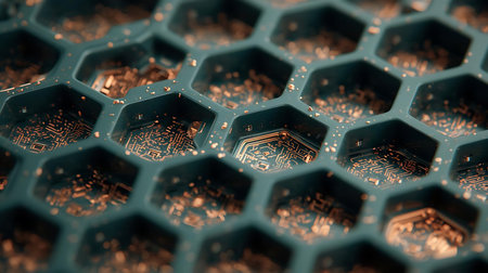 Electronic circuit board in a blue box close-up. Technology backgroundの素材