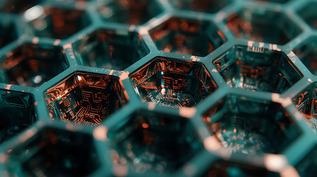 Abstract 3d rendering of chaotic hexagons. Futuristic background with polygonal grid. Elegant glowing points.の素材