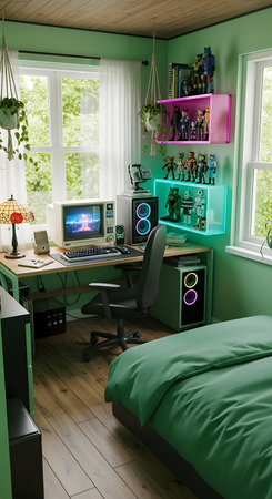 3D Illustration of a green home office with a computer and toysの素材