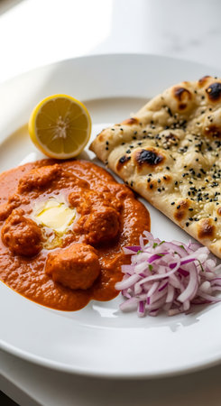Traditional indian tikka masala served with naan breadの素材
