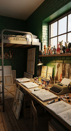 3d render of an artist's studio interior with a lot of objectsの素材