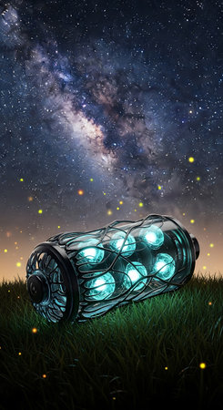 Illustration of a light bulb on grass with stars in the backgroundの素材