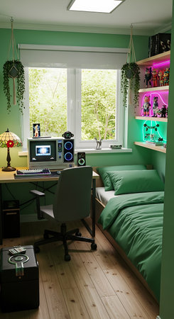 Interior of a bedroom with green walls, wooden floor and green furnitureの素材