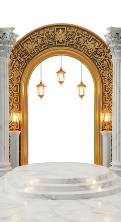 3d rendering of marble stage with golden arch and lamps on white backgroundの素材