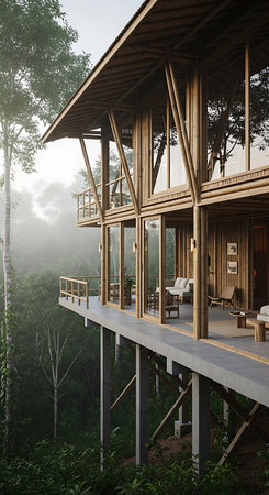 3d render of modern wooden house in the forest with morning fogの素材