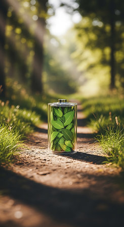 Glass jar with green leaves on the path in the park. Nature conceptの素材