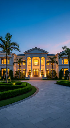 Luxury mansion at night in Florida, United States of Americaの素材