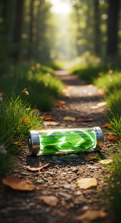 Plastic bottle with green leaves on the ground in the forest.の素材