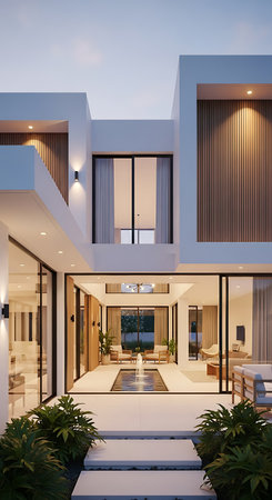 Exterior of a modern villa at dusk. 3d renderingの素材