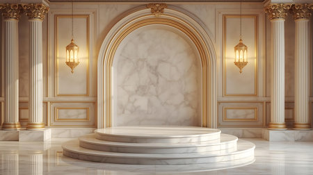 Podium with luxury marble and gold arch, 3D rendering.の素材