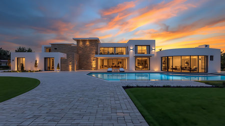 3d rendering of modern cozy house with pool and parking for sale or rent in luxurious style by the sea or ocean at sunset. Clear sky with glowing clouds background.の素材