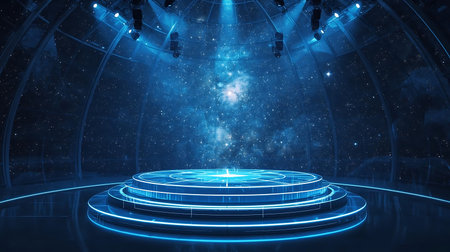 Stage with blue lights, Stage Podium Scene with for Award Ceremony on blue Background, 3d renderの素材