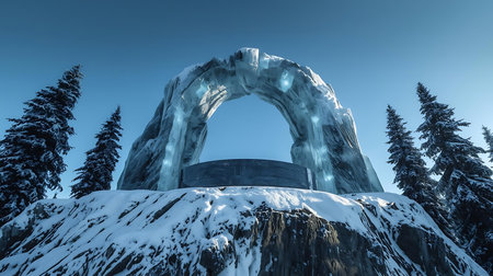 Fantasy landscape with a frozen waterfall in the mountains. 3d renderingの素材