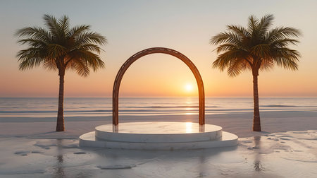 Sunset on the beach with palm trees and arch. 3d renderの素材