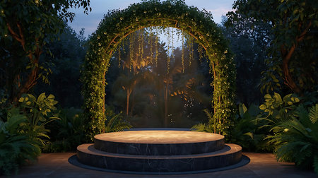 3d rendering of a round podium in the garden at night.の素材