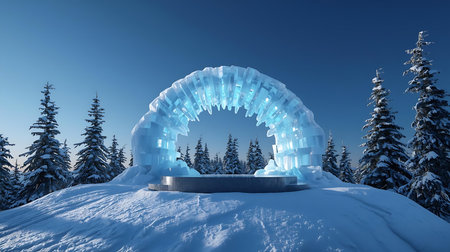 3D render of a futuristic ice sculpture in the winter forest.の素材