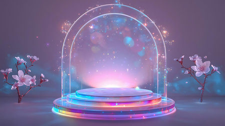 Podium with neon light and cherry blossoms, 3d renderの素材