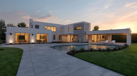 3d rendering of modern cozy house with pool and parking for sale or rentの素材