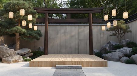 3d rendering of a Japanese garden with a wooden bench and lanternsの素材