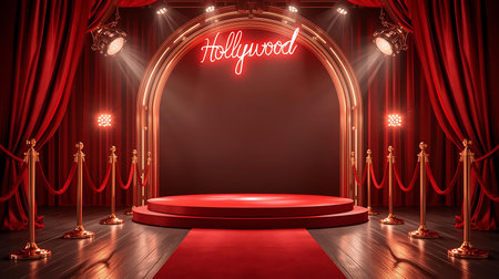 Red velvet curtains and round stage podium illuminated with spotlight. Award ceremony concept. 3D Renderingの素材