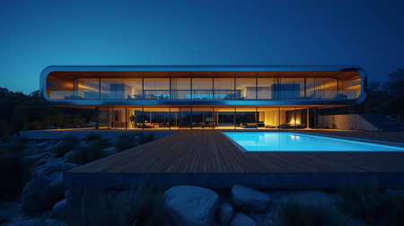 3d rendering of modern cozy house with pool and parking for sale or rent in luxurious style and beautiful landscaping on background. Clear summer night with many stars on the sky.の素材