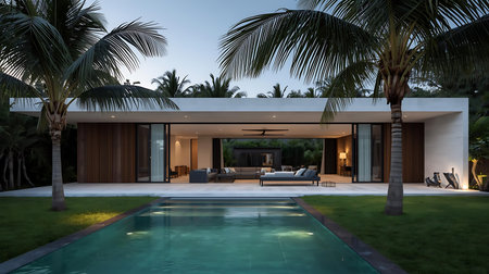 3d rendering of modern cozy house with pool and parking in luxurious style and beautiful landscaping on background. Clear summer evening with soft light from window.の素材