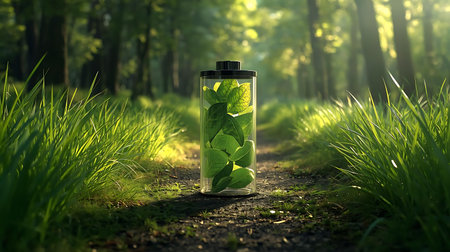 Ecology concept. Green leaves in a battery in the forest.の素材