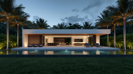 3d rendering of modern cozy house with pool and parking for sale or rent in luxurious style and beautiful landscaping on background. Clear summer night with many stars on the sky.の素材