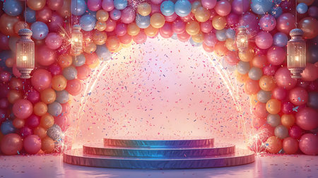 3d rendering of stage podium with lighting and confetti background.の素材