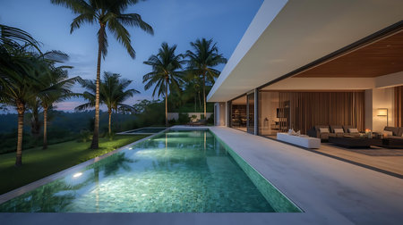 3d rendering of modern cozy house with pool and parking for twoの素材