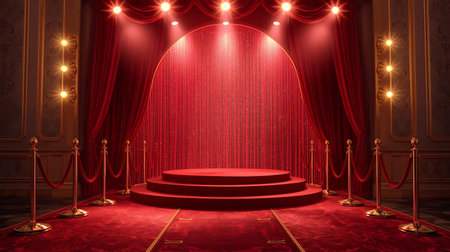 Red velvet stage with red carpet and glowing spotlights, 3d renderの素材