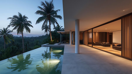 Luxury villa with swimming pool and palm trees at sunsetの素材