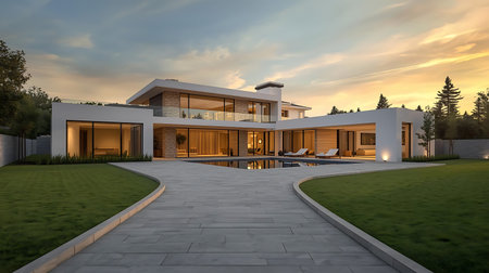 3d rendering of modern cozy house with pool and parking luxurious style and beautiful landscaping on background. Clear summer evening with golden light from window.の素材