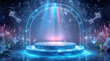 Podium, pedestal or platform for product presentation with blue neon light and smoke, 3d renderの素材