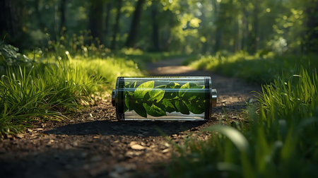 Ecology concept. Recycling and environment protection. Glass jar with green leaves in the forest.の素材