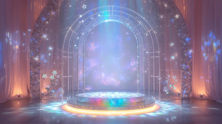 Stage with arch, curtains and spotlights. 3D rendering.の素材