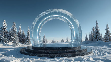 Winter landscape with arches in the snowy forest. 3d renderの素材