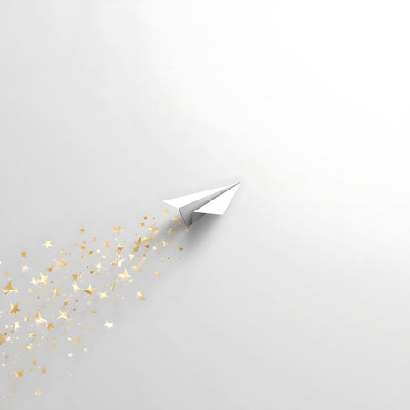 Paper plane with golden confetti on white background. Vector illustration.の素材