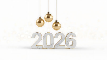 2026 3D illustration. Golden numbers 2026 and golden balls on a white background.の素材